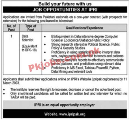 IPRI Jobs 2023 | Islamabad Policy Research Institute Head Office Announced Latest Recruitments