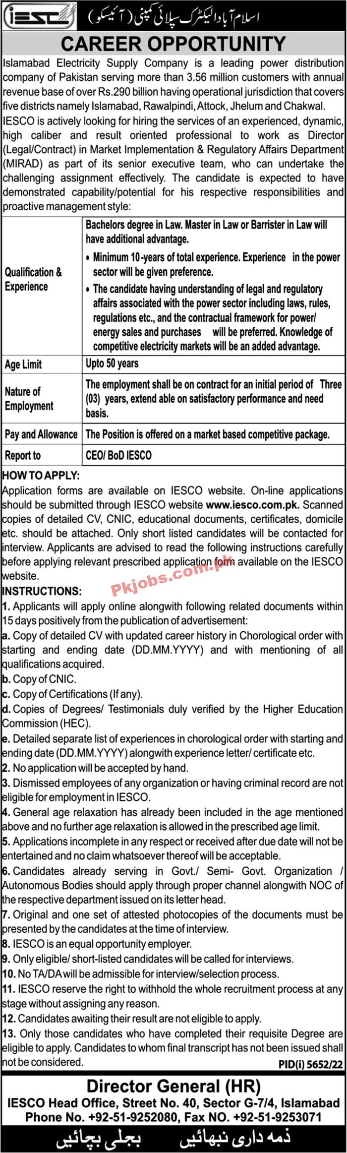 Islamabad Electric Supply Company IESCO Head Office Announced Latest Jobs 2023