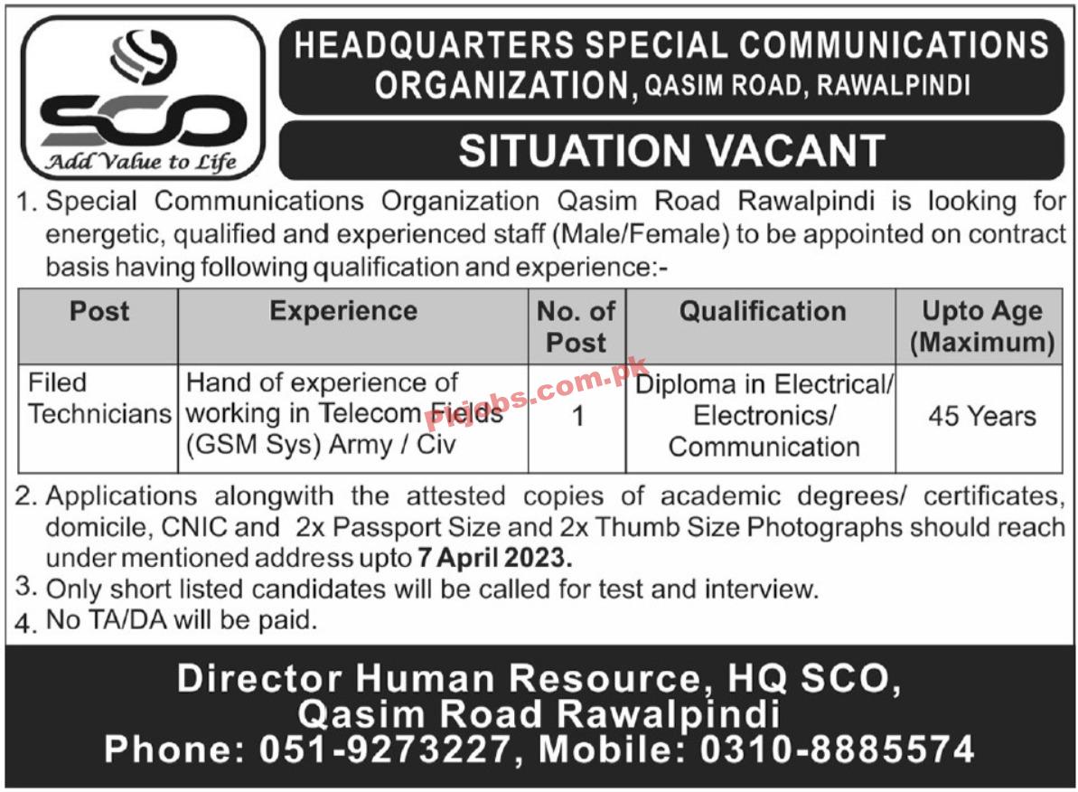 Latest SCO Special Communications Organization Recruitments Jobs 2023