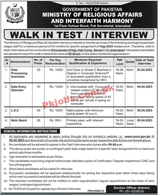 Ministry of Religious Affairs and Interfaith Harmony Head Office Announced Latest Recruitments Jobs 2023