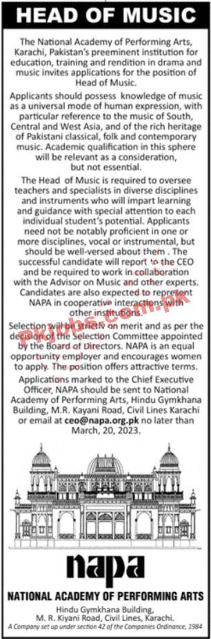 NAPA National Academy of Performing Arts Head Office Announced Latest Recruitments 2023