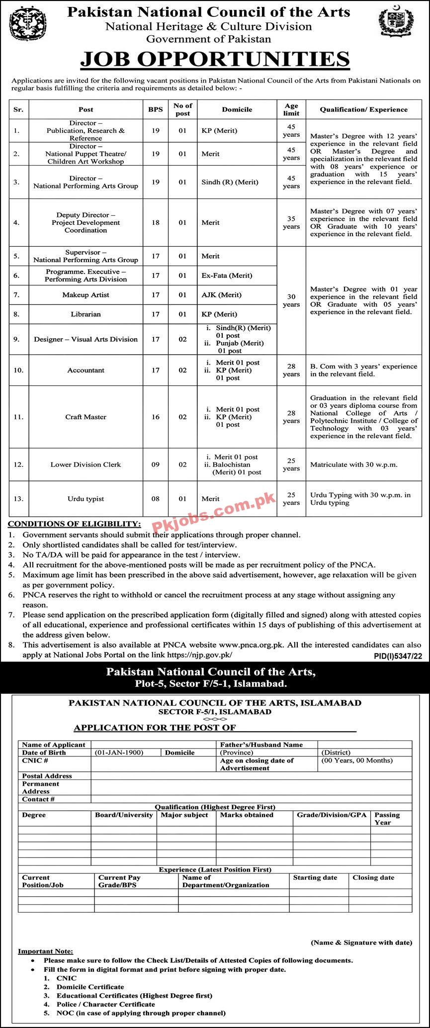 PNCA Jobs 2023 | Pakistan National Council of the Arts Head Office Announced Latest Recruitments