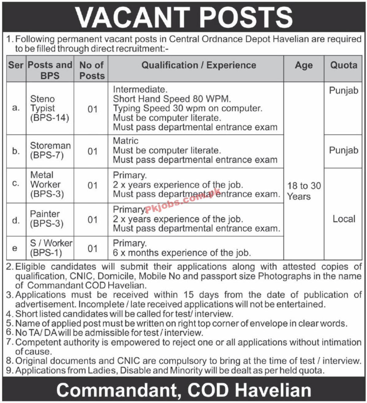 Pak Army Central Ordnance Depot COD Head Office Announced Latest Jobs 2023