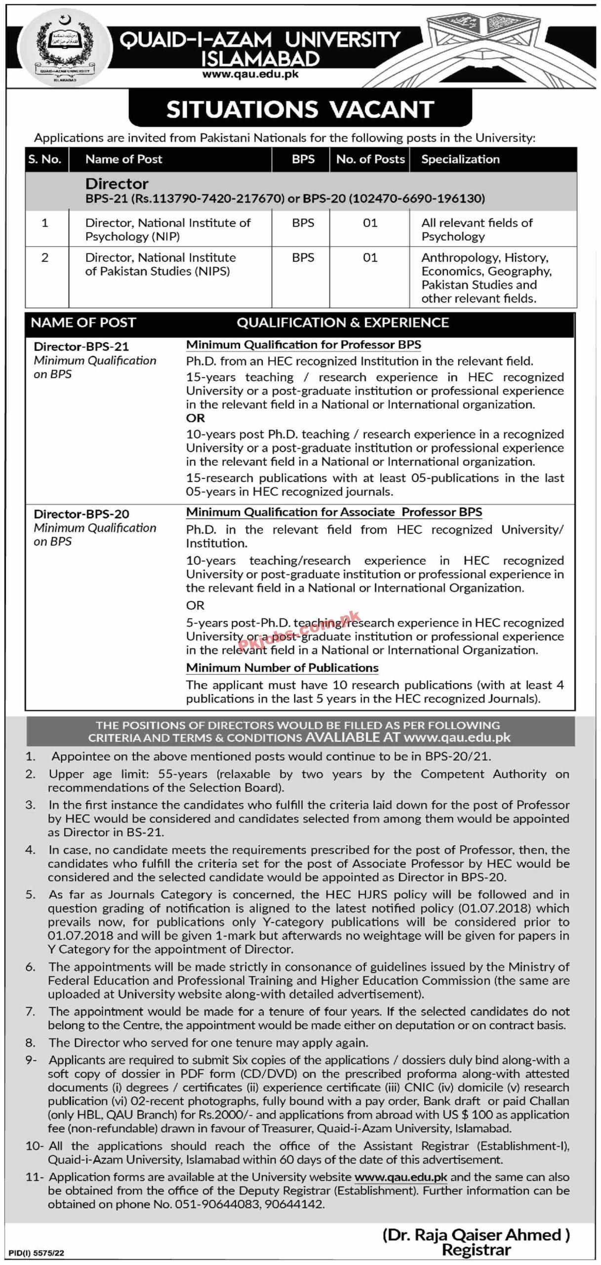 Quaid I Azam University Head Office Announced Latest Jobs 2023