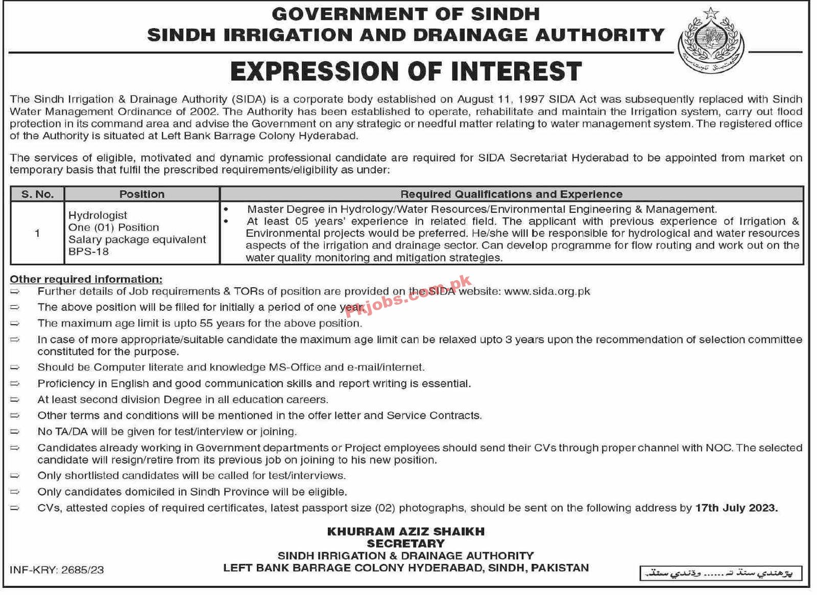 Latest Sindh Irrigation & Drainage Authority SIDA Jobs 2023
