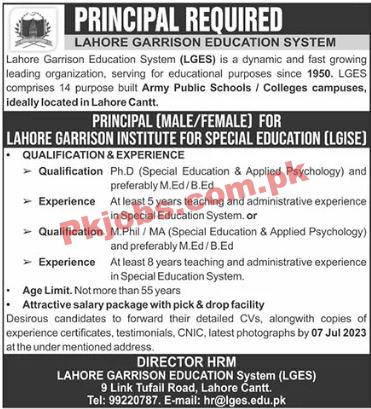 latest Lahore Garrison Education System LGES Jobs 2023