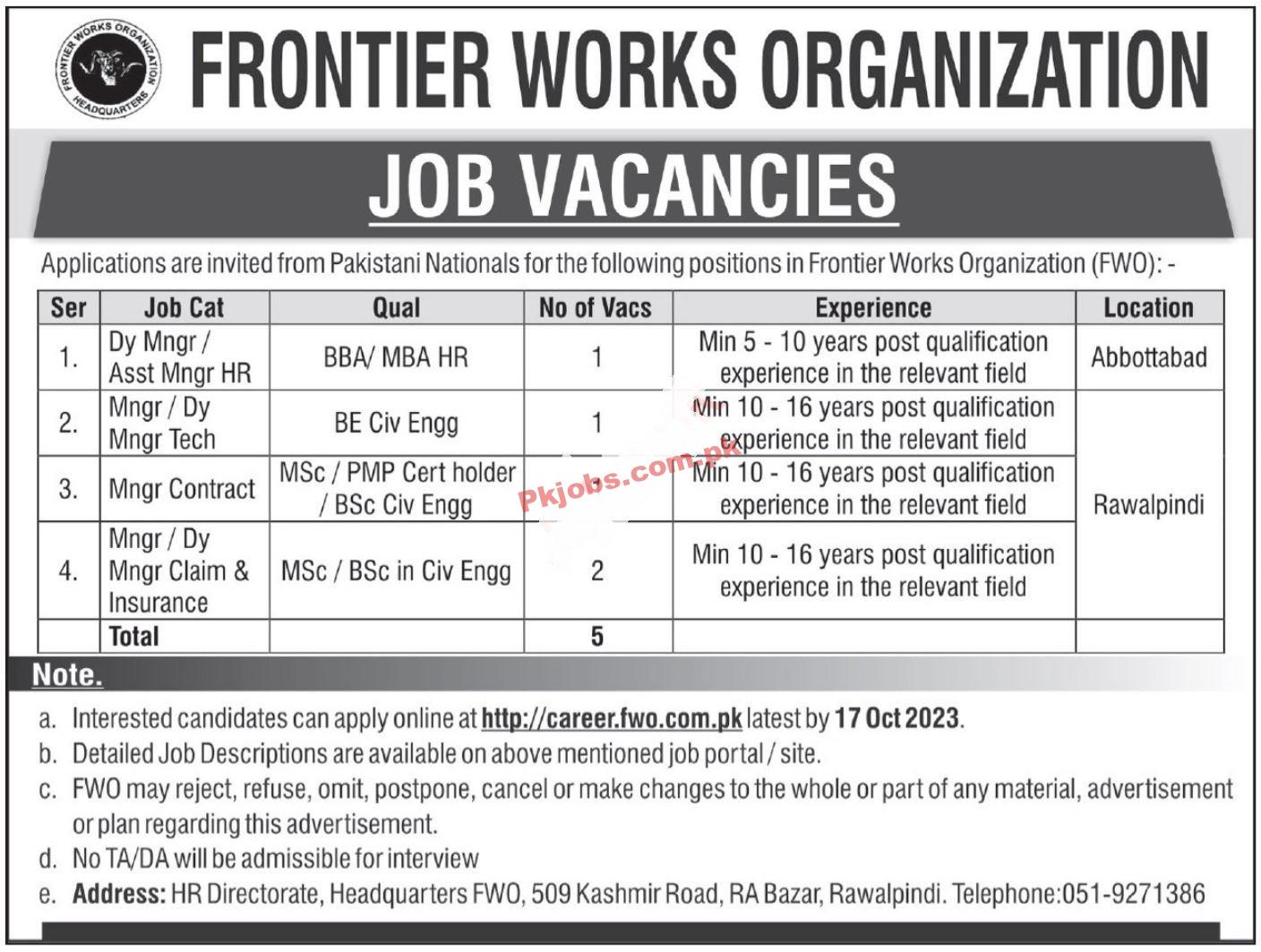 Latest FWO Jobs | Vacant Posts In Frontier Works Organization