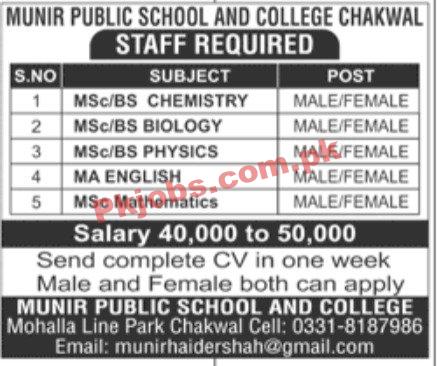 Jobs in Munir Public School and College Chakwal
